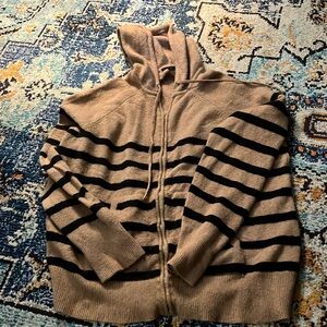 J crew xxl full zip sweater hoodie. Tan/ black stripe. Poly/ wool/alpaca blend.